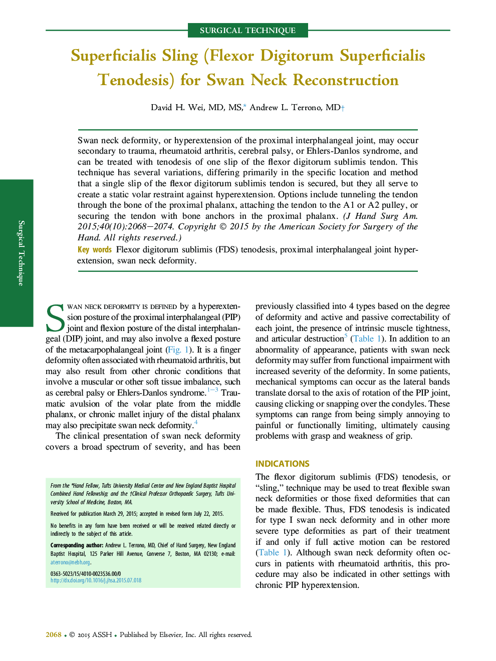 Superficialis Sling (Flexor Digitorum Superficialis Tenodesis) for Swan Neck Reconstruction 