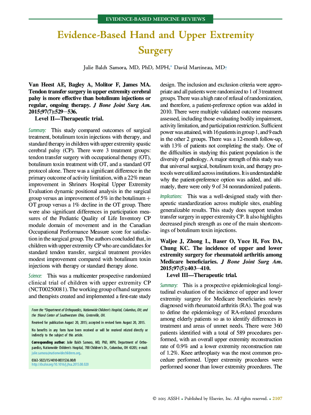 Evidence-Based Hand and Upper Extremity Surgery