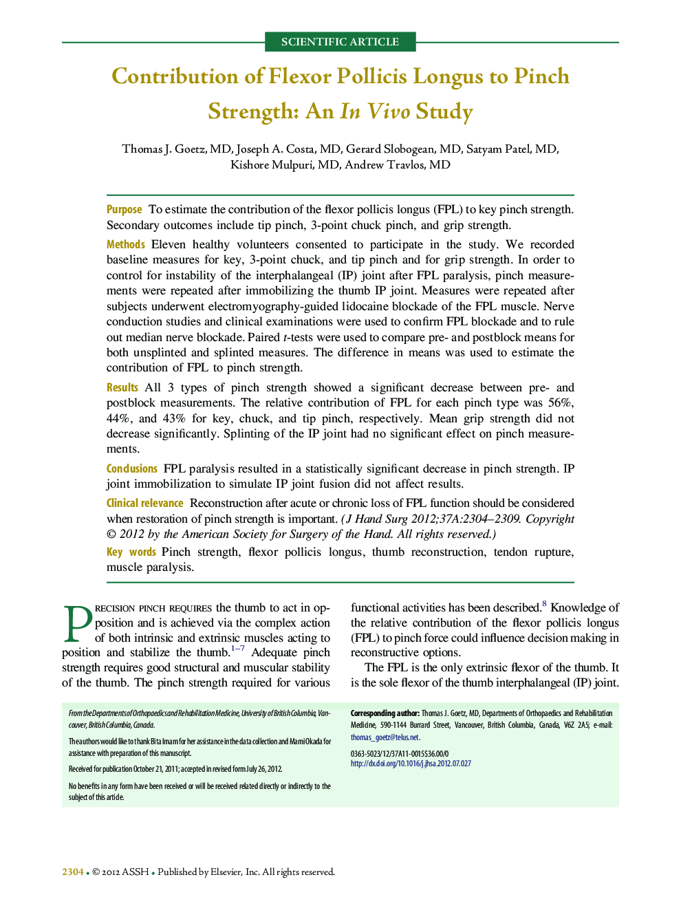 Contribution of Flexor Pollicis Longus to Pinch Strength: An In Vivo Study 