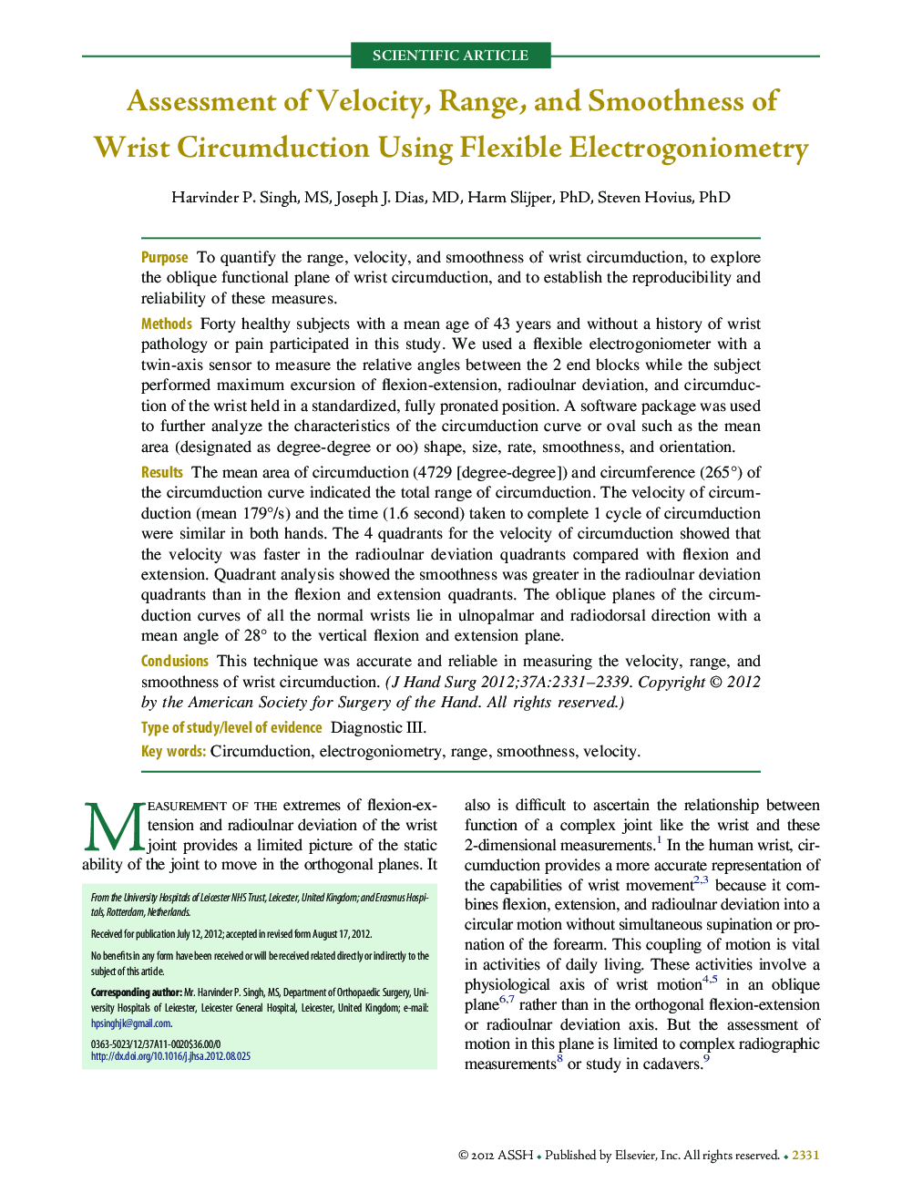 Assessment of Velocity, Range, and Smoothness of Wrist Circumduction Using Flexible Electrogoniometry 