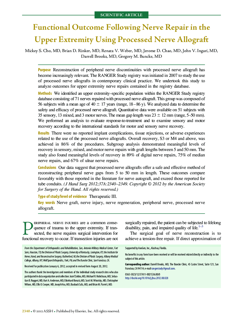 Functional Outcome Following Nerve Repair in the Upper Extremity Using Processed Nerve Allograft 