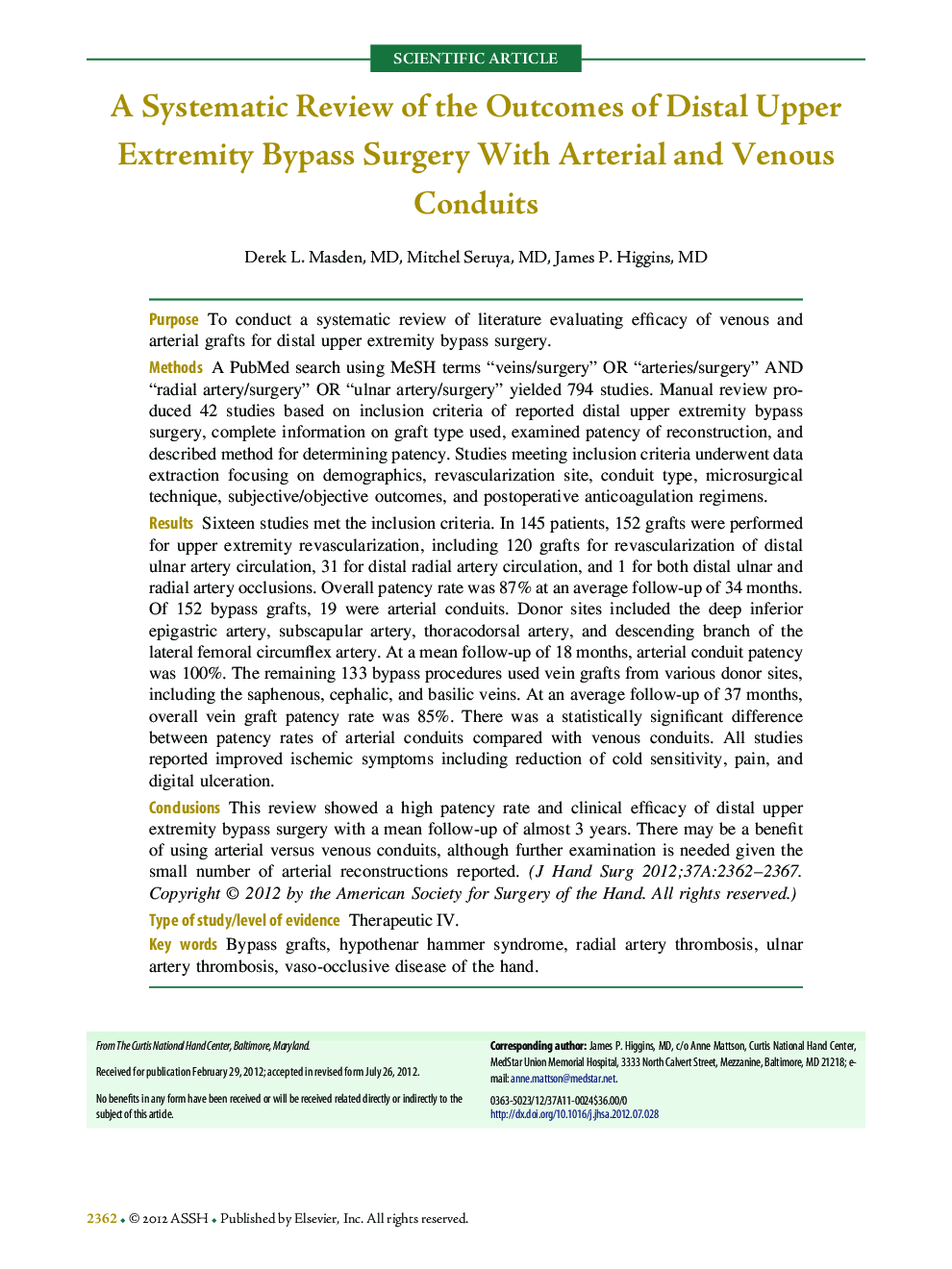 A Systematic Review of the Outcomes of Distal Upper Extremity Bypass Surgery With Arterial and Venous Conduits 