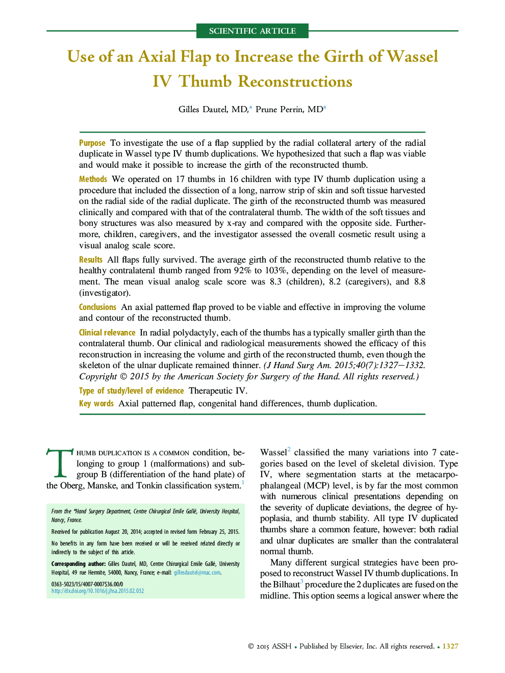 عکس صفحه اول مقاله: Use of an Axial Flap to Increase the Girth of Wassel IV Thumb Reconstructions Use of an Axial Flap to Increase the Girth of Wassel IV Thumb Reconstructions