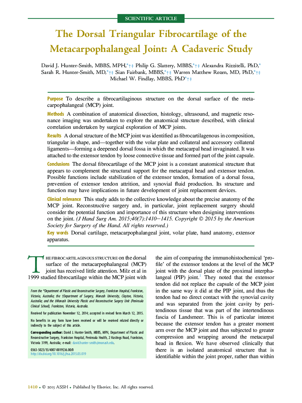 The Dorsal Triangular Fibrocartilage of the Metacarpophalangeal Joint: A Cadaveric Study 