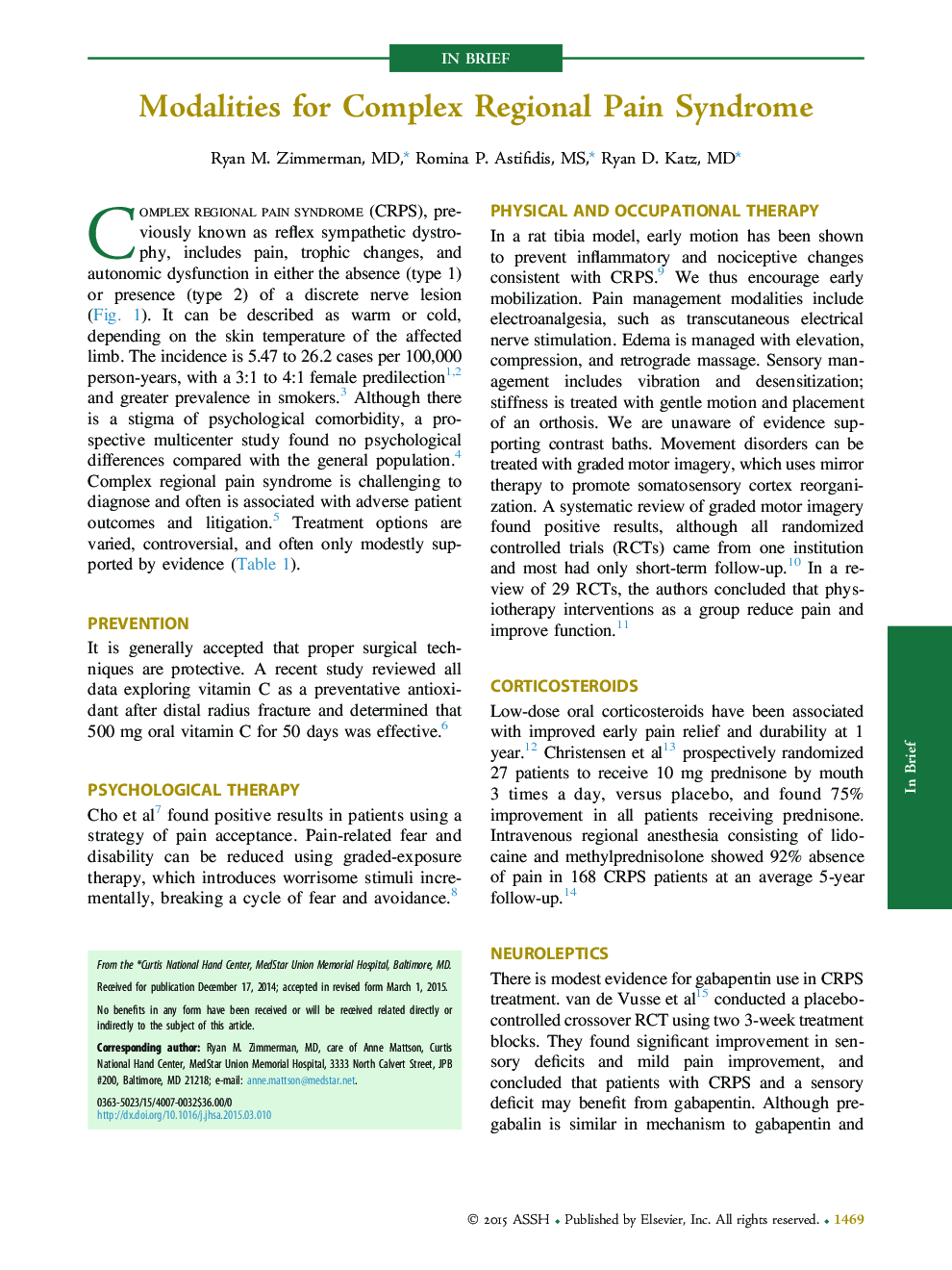 Modalities for Complex Regional Pain Syndrome