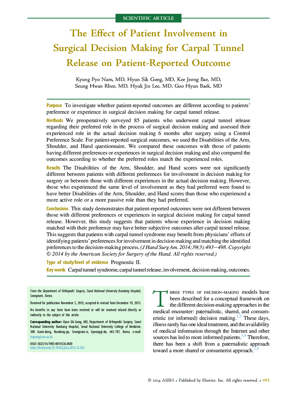 The Effect of Patient Involvement in Surgical Decision Making for Carpal Tunnel Release on Patient-Reported Outcome 