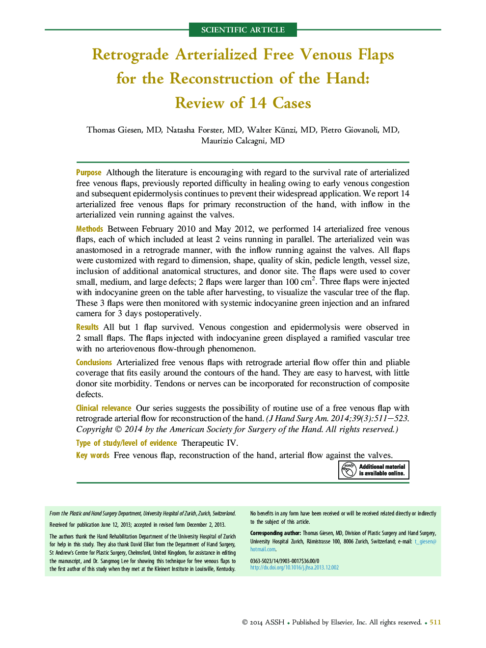 Retrograde Arterialized Free Venous Flaps for the Reconstruction of the Hand: Review of 14 Cases 