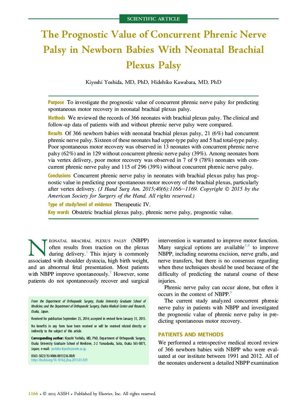 The Prognostic Value of Concurrent Phrenic Nerve Palsy in Newborn Babies With Neonatal Brachial Plexus Palsy 