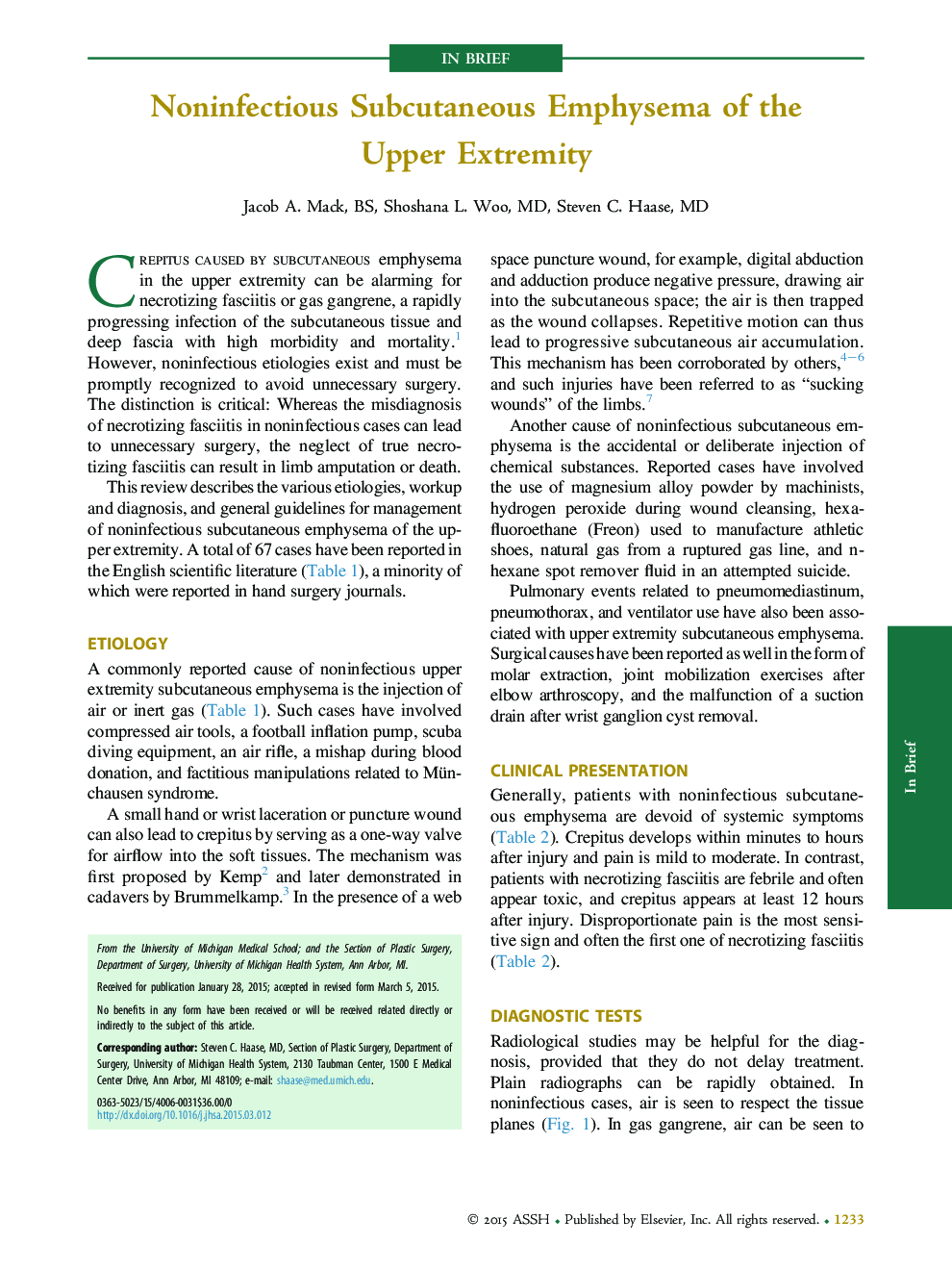 Noninfectious Subcutaneous Emphysema of the Upper Extremity