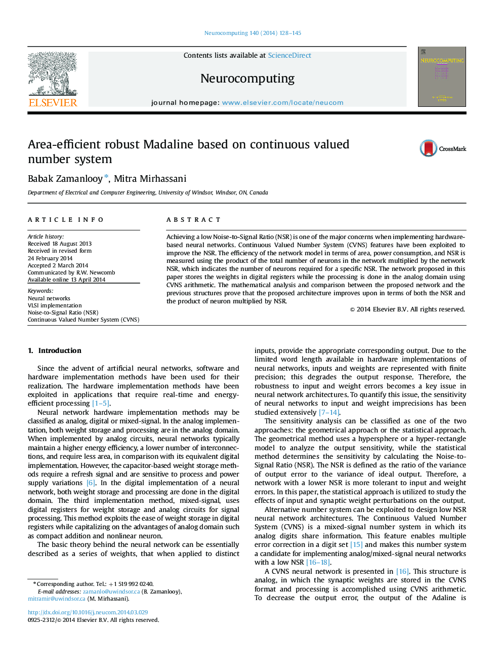 Area-efficient robust Madaline based on continuous valued number system