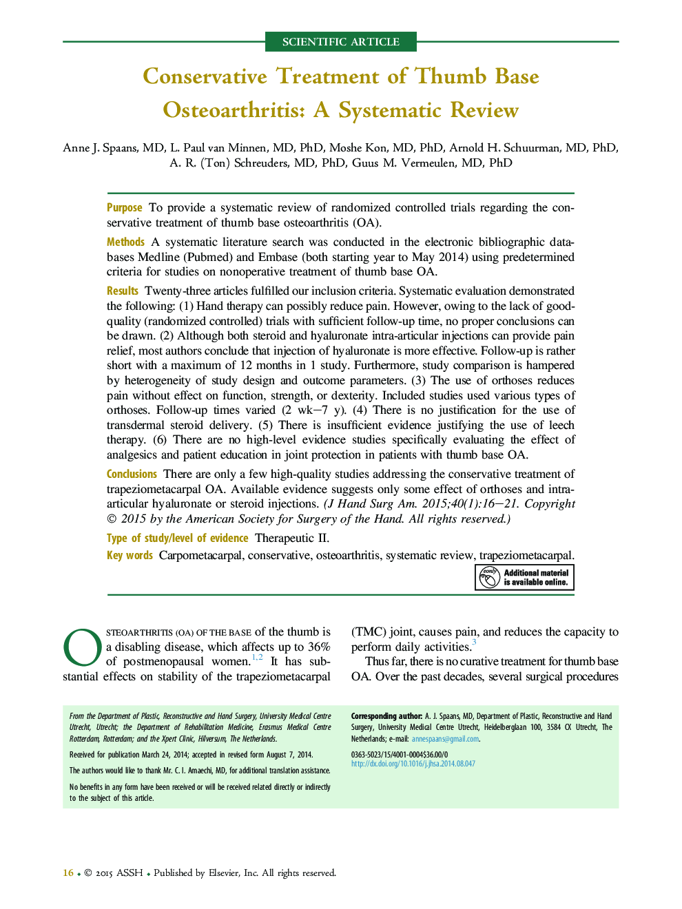 Conservative Treatment of Thumb Base Osteoarthritis: A Systematic Review