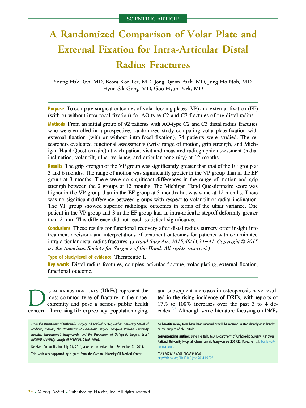 A Randomized Comparison of Volar Plate and External Fixation for Intra-Articular Distal Radius Fractures 