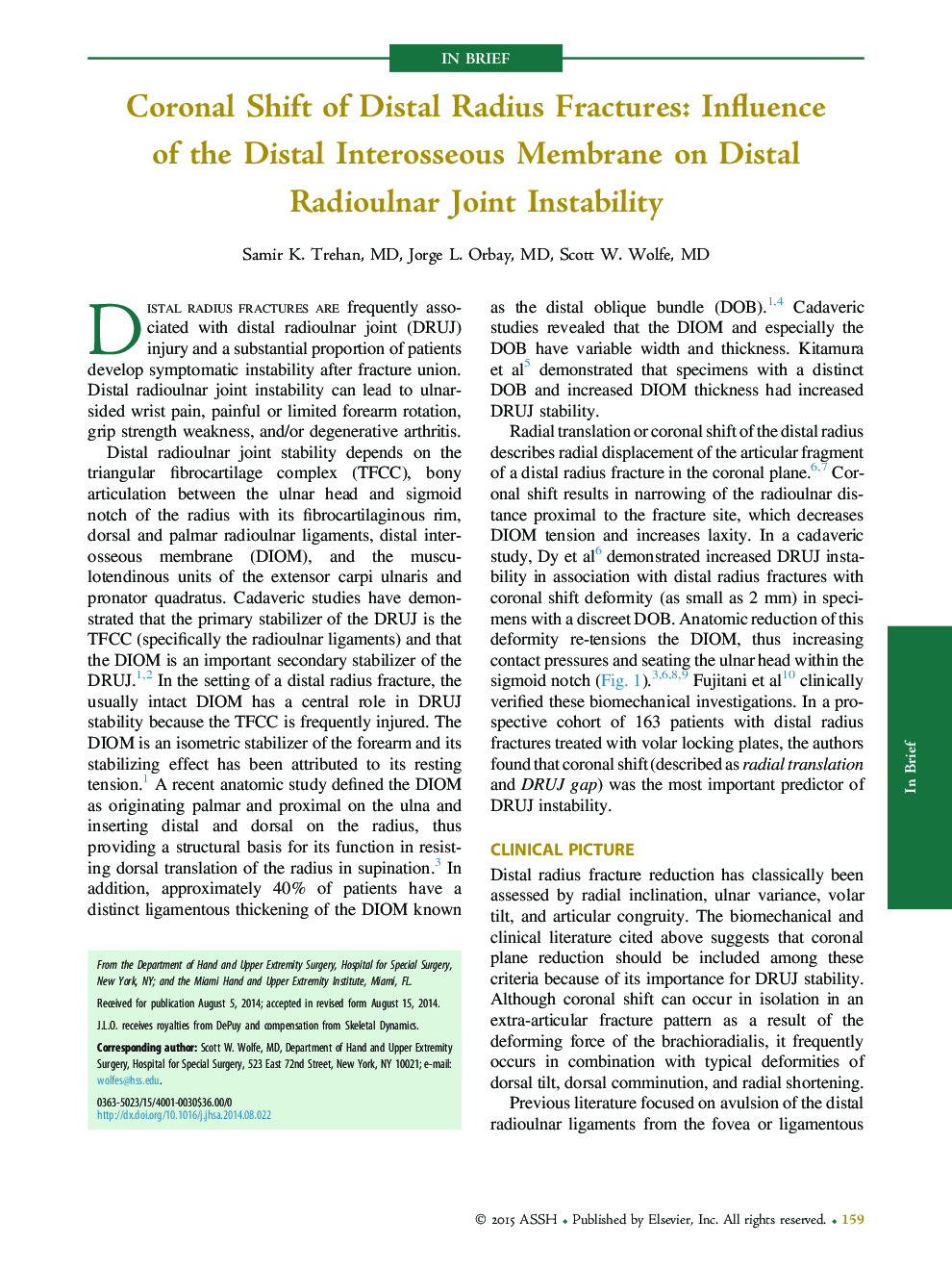 Coronal Shift of Distal Radius Fractures: Influence of the Distal Interosseous Membrane on Distal Radioulnar Joint Instability