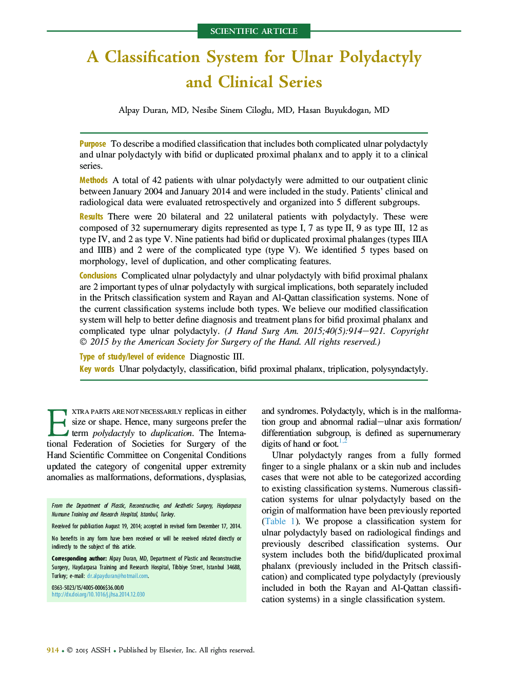 A Classification System for Ulnar Polydactyly and Clinical Series 