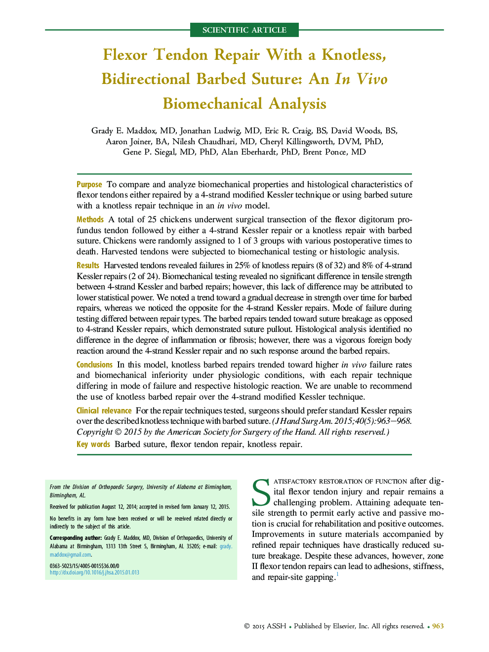 Flexor Tendon Repair With a Knotless, Bidirectional Barbed Suture: An In Vivo Biomechanical Analysis 