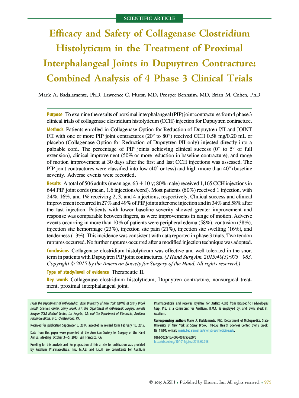 عکس صفحه اول مقاله: Efficacy and Safety of Collagenase Clostridium Histolyticum in the Treatment of Proximal Interphalangeal Joints in Dupuytren Contracture: Combined Analysis of 4 Phase 3 Clinical Trials Efficacy and Safety of Collagenase Clostridium Histolyticum in the Treatment of Proximal Interphalangeal Joints in Dupuytren Contracture: Combined Analysis of 4 Phase 3 Clinical Trials