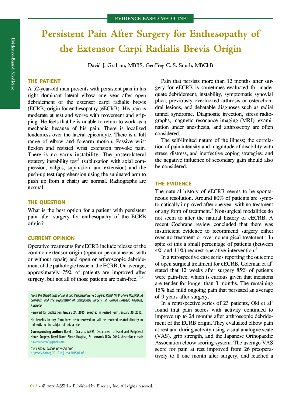 Persistent Pain After Surgery for Enthesopathy of the Extensor Carpi Radialis Brevis Origin