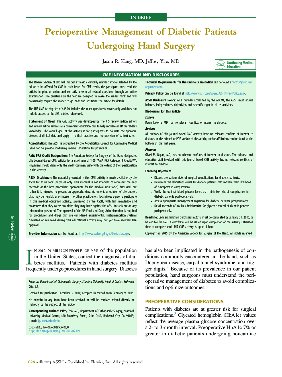 Perioperative Management of Diabetic Patients Undergoing Hand Surgery