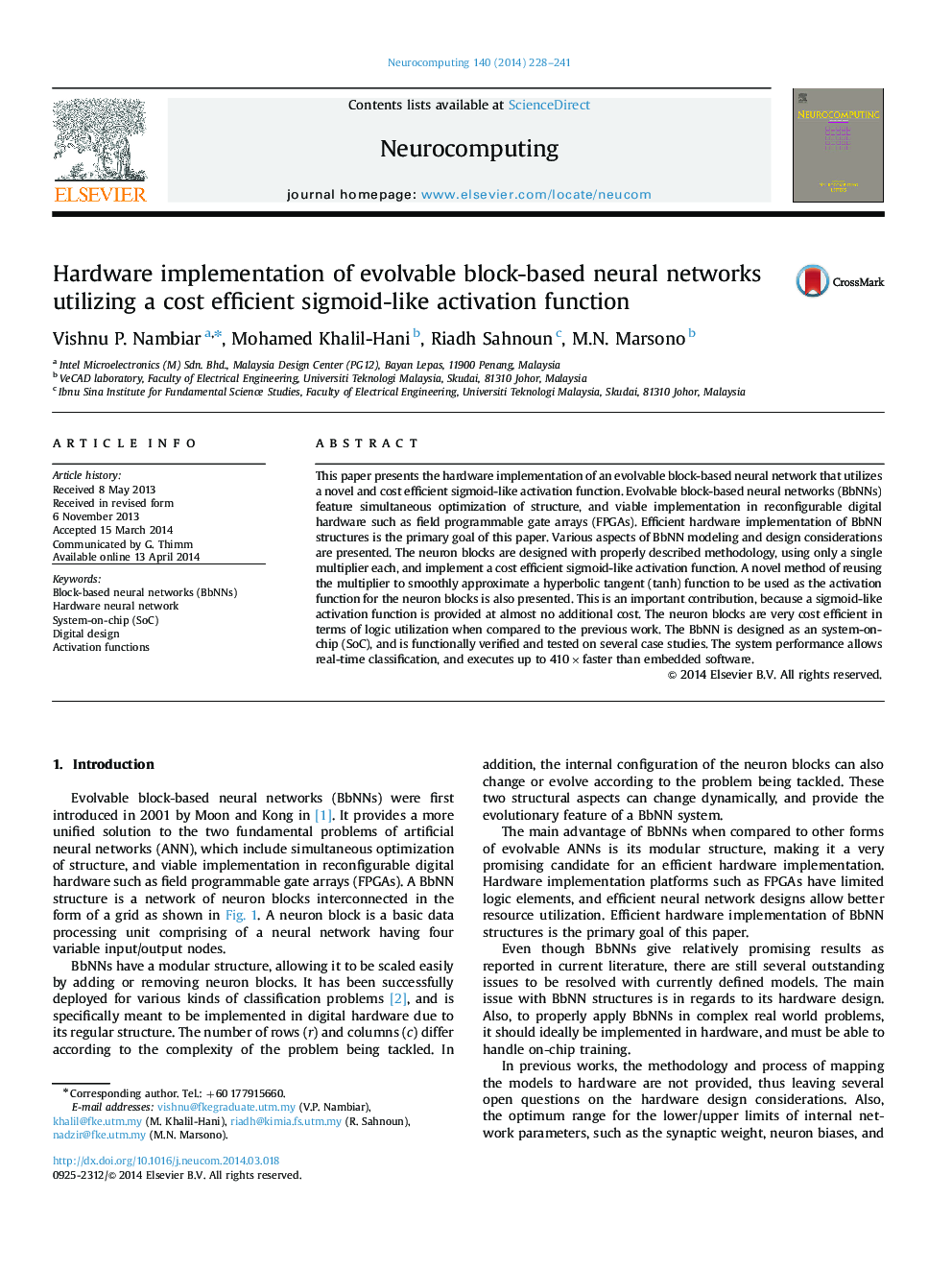 Hardware implementation of evolvable block-based neural networks utilizing a cost efficient sigmoid-like activation function