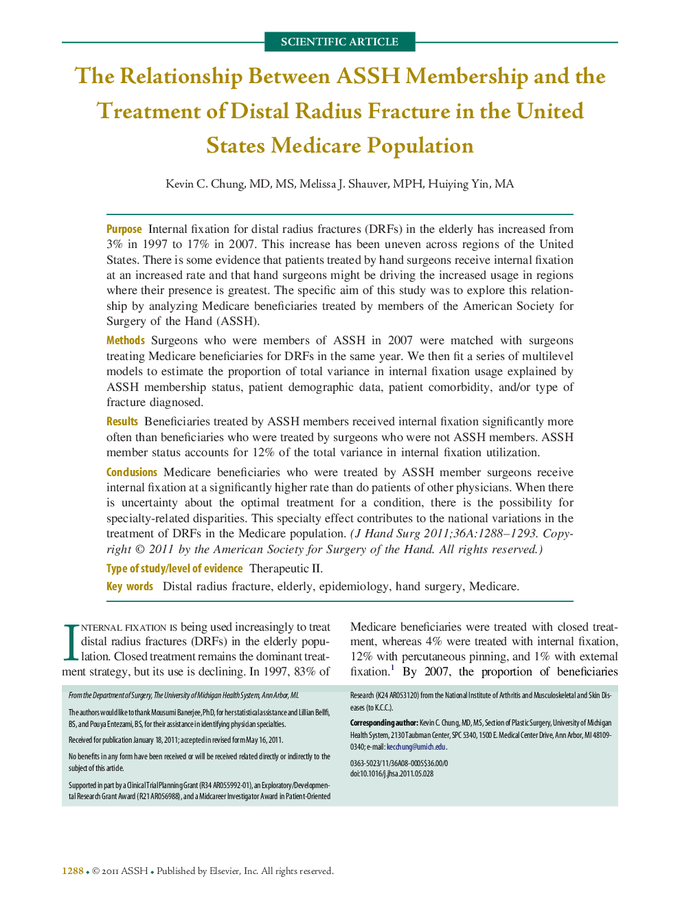 عکس صفحه اول مقاله: The Relationship Between ASSH Membership and the Treatment of Distal Radius Fracture in the United States Medicare Population The Relationship Between ASSH Membership and the Treatment of Distal Radius Fracture in the United States Medicare Population