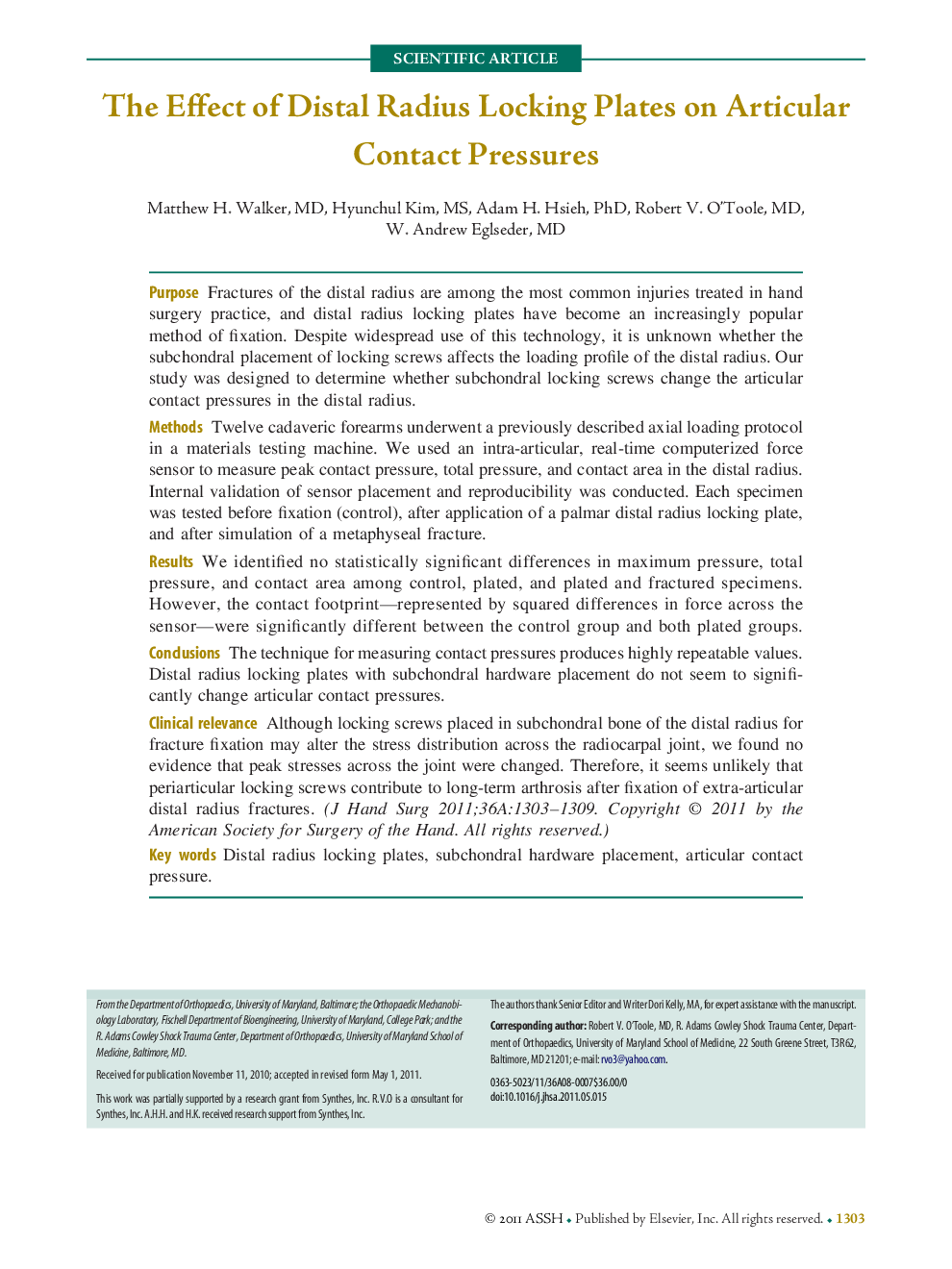 عکس صفحه اول مقاله: The Effect of Distal Radius Locking Plates on Articular Contact Pressures The Effect of Distal Radius Locking Plates on Articular Contact Pressures