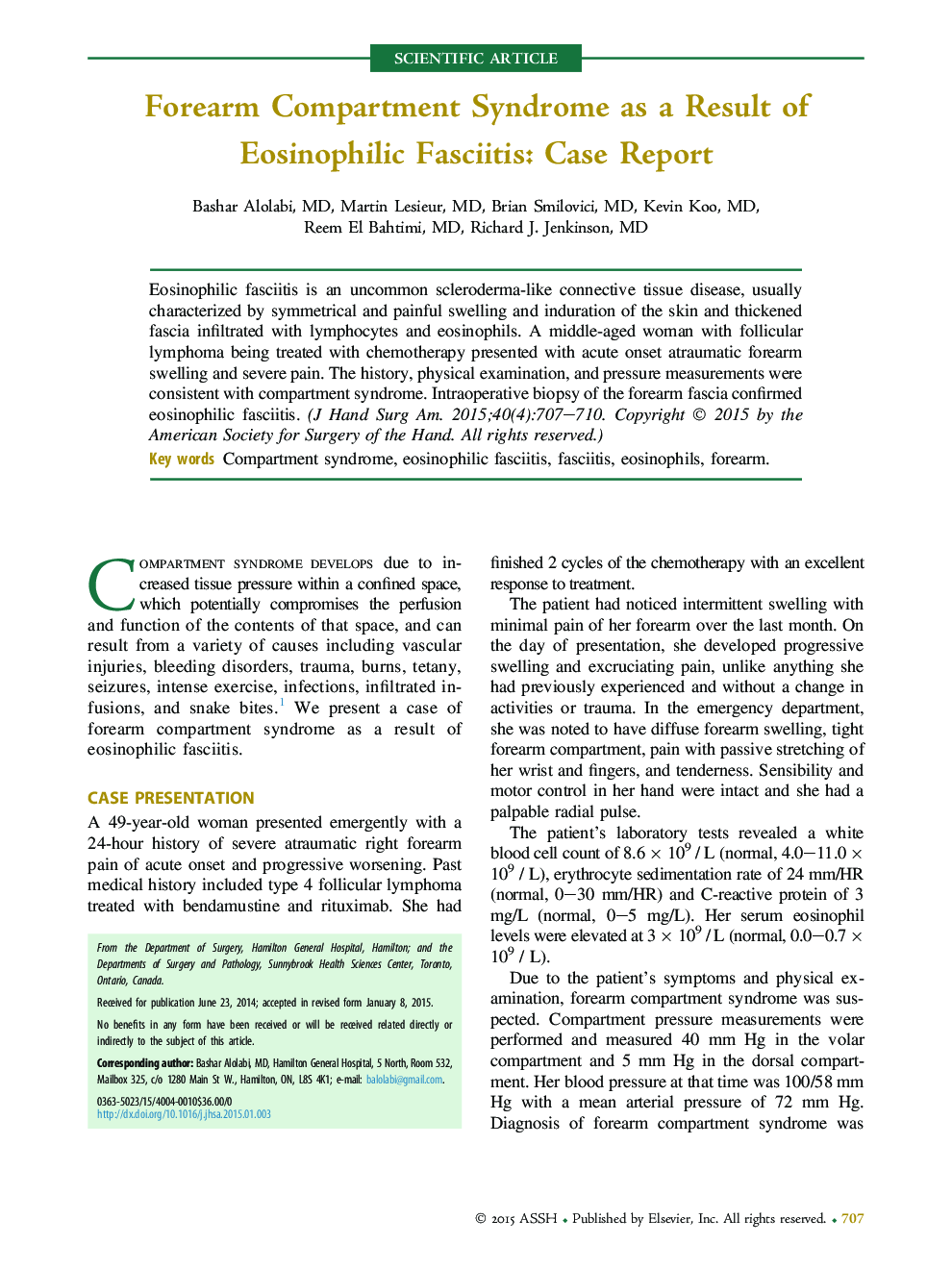 Forearm Compartment Syndrome as a Result of Eosinophilic Fasciitis: Case Report 