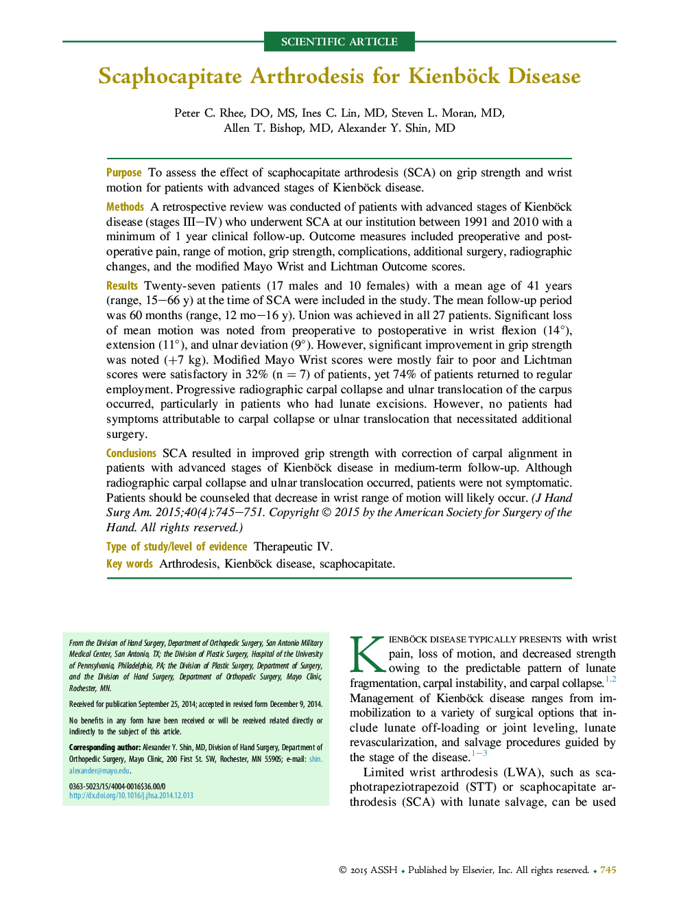 عکس صفحه اول مقاله: Scaphocapitate Arthrodesis for Kienböck Disease Scaphocapitate Arthrodesis for Kienböck Disease