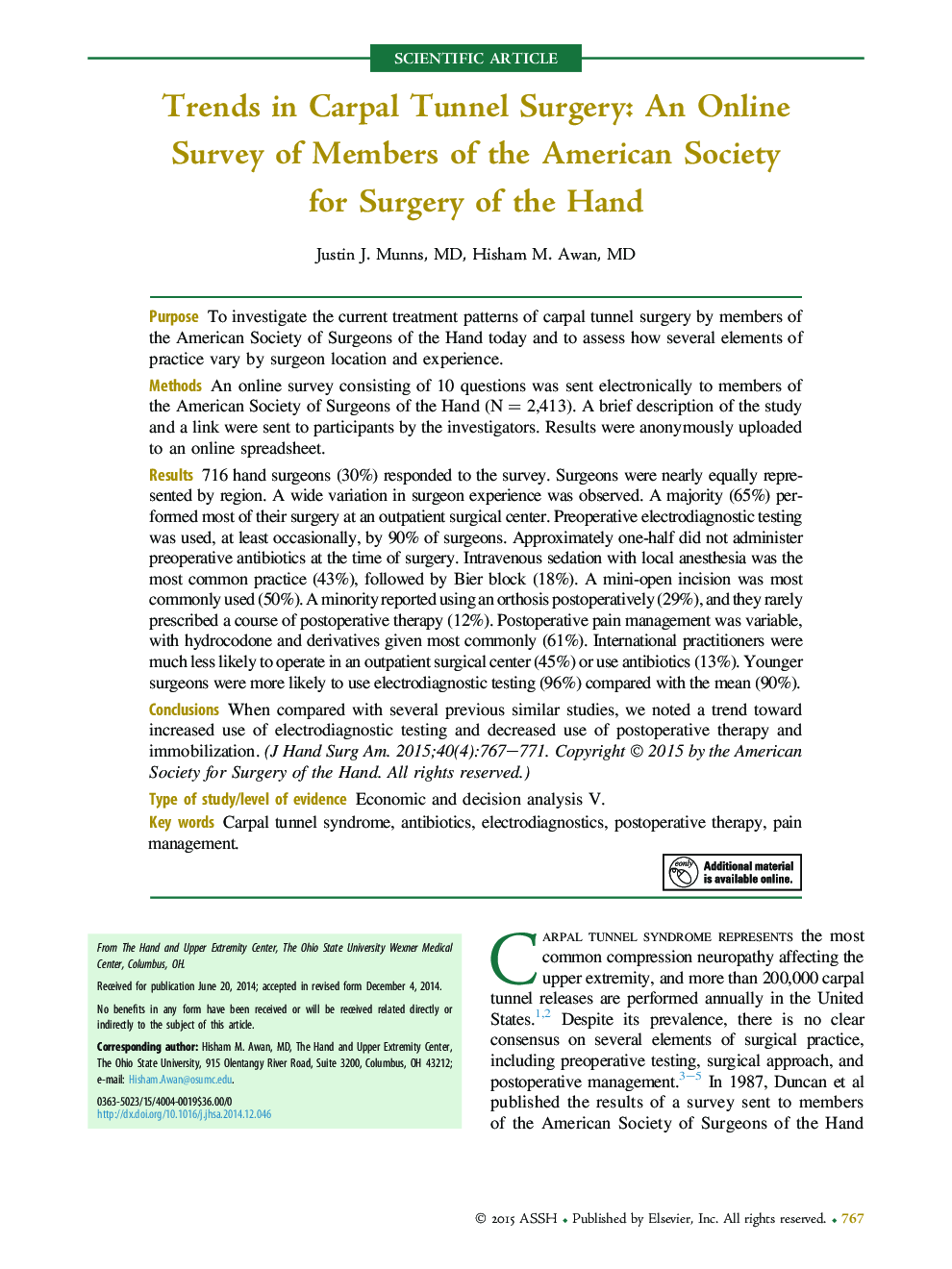 Trends in Carpal Tunnel Surgery: An Online Survey of Members of the American Society for Surgery of the Hand