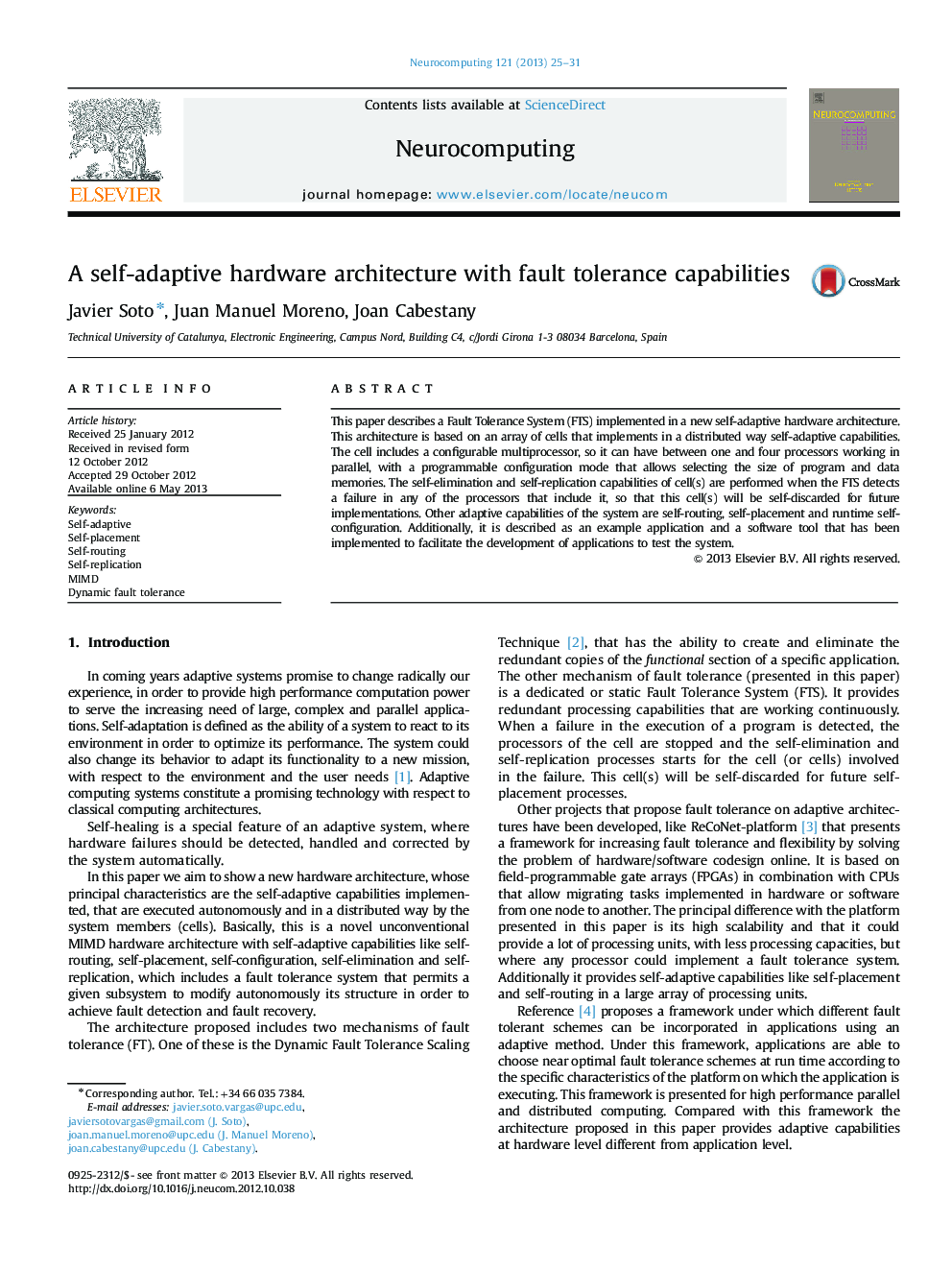 A self-adaptive hardware architecture with fault tolerance capabilities