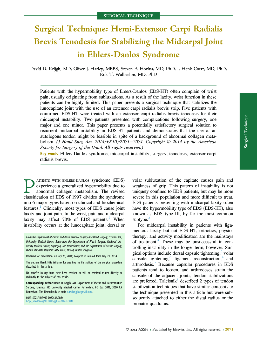 Surgical Technique: Hemi-Extensor Carpi Radialis Brevis Tenodesis for Stabilizing the Midcarpal Joint in Ehlers-Danlos Syndrome 