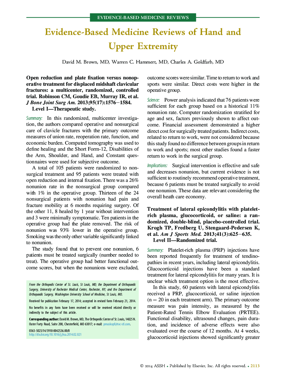 Evidence-Based Medicine Reviews of Hand and Upper Extremity