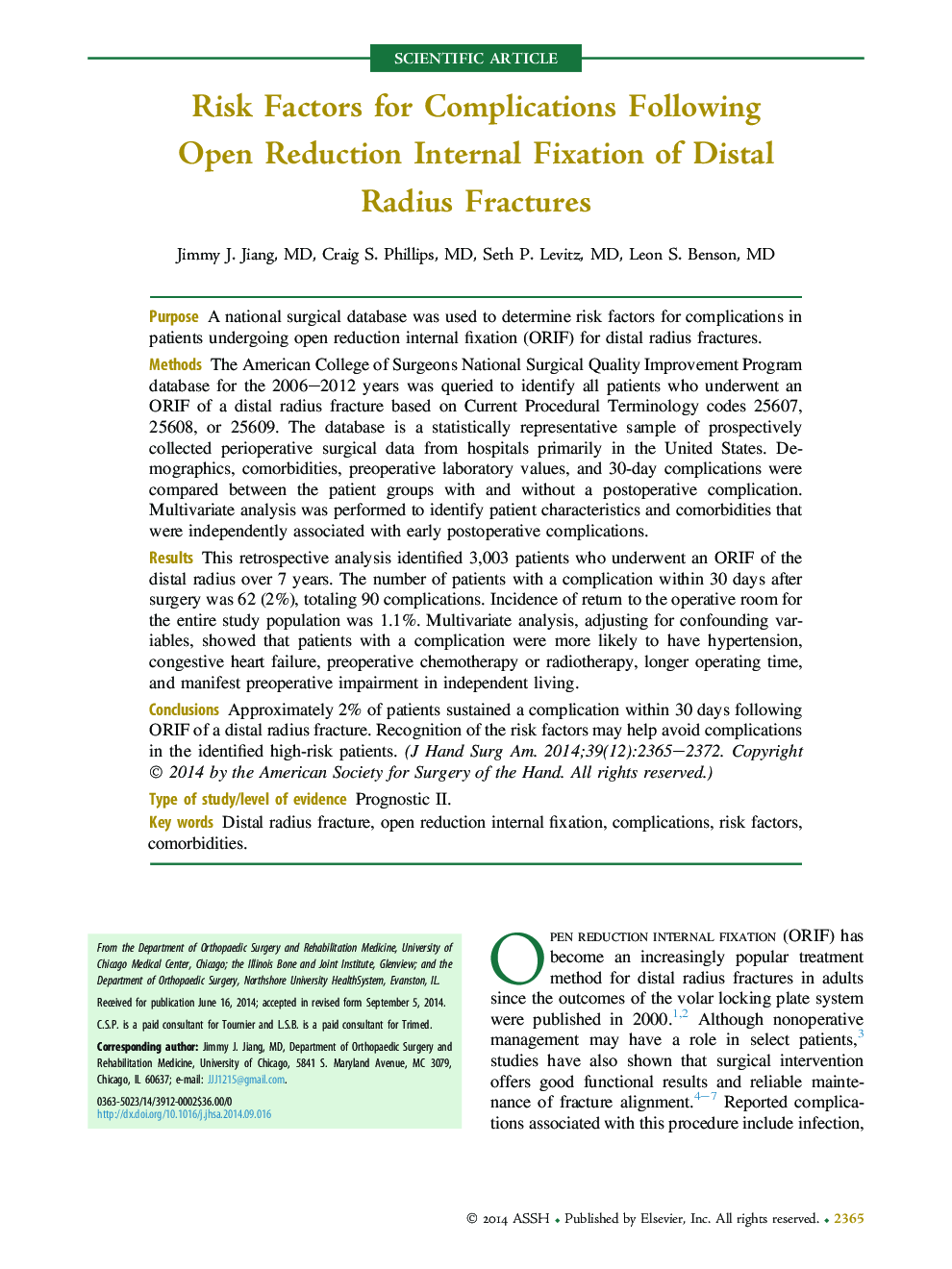 Risk Factors for Complications Following Open Reduction Internal Fixation of Distal Radius Fractures 