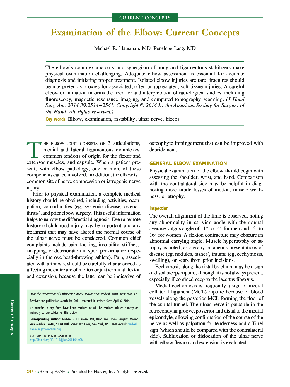 Examination of the Elbow: Current Concepts 