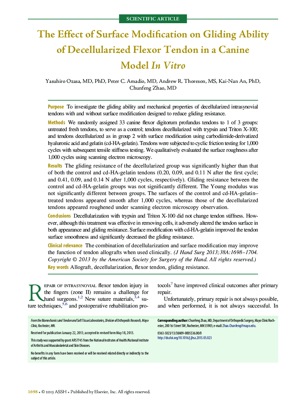 The Effect of Surface Modification on Gliding Ability of Decellularized Flexor Tendon in a Canine Model In Vitro 