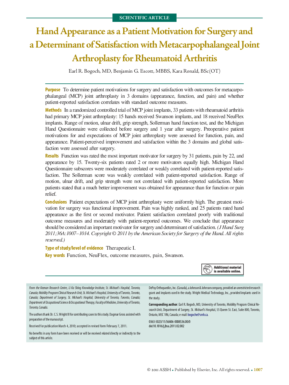 Hand Appearance as a Patient Motivation for Surgery and a Determinant of Satisfaction with Metacarpophalangeal Joint Arthroplasty for Rheumatoid Arthritis