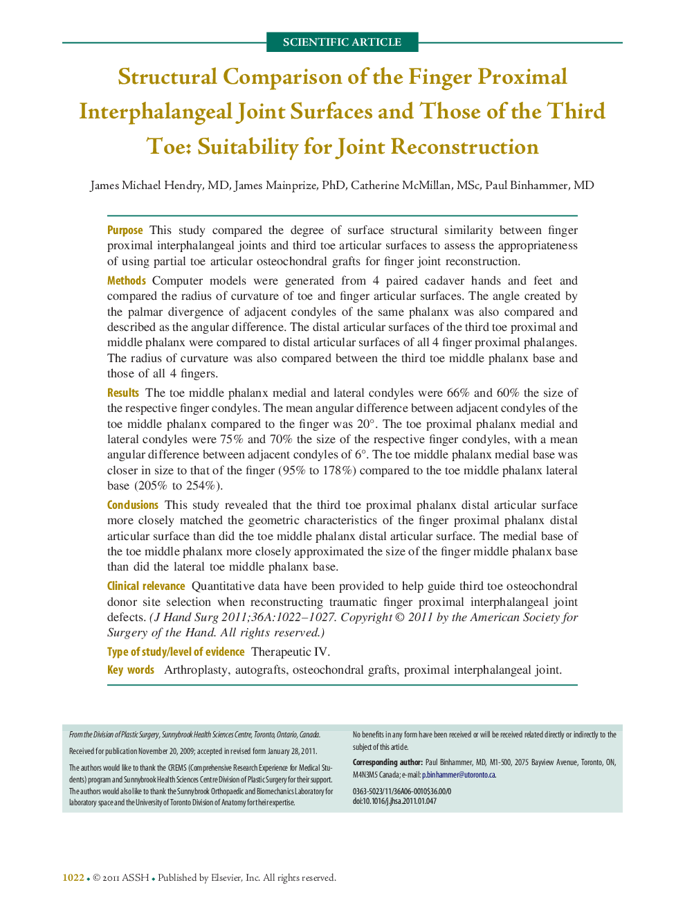 Structural Comparison of the Finger Proximal Interphalangeal Joint Surfaces and Those of the Third Toe: Suitability for Joint Reconstruction