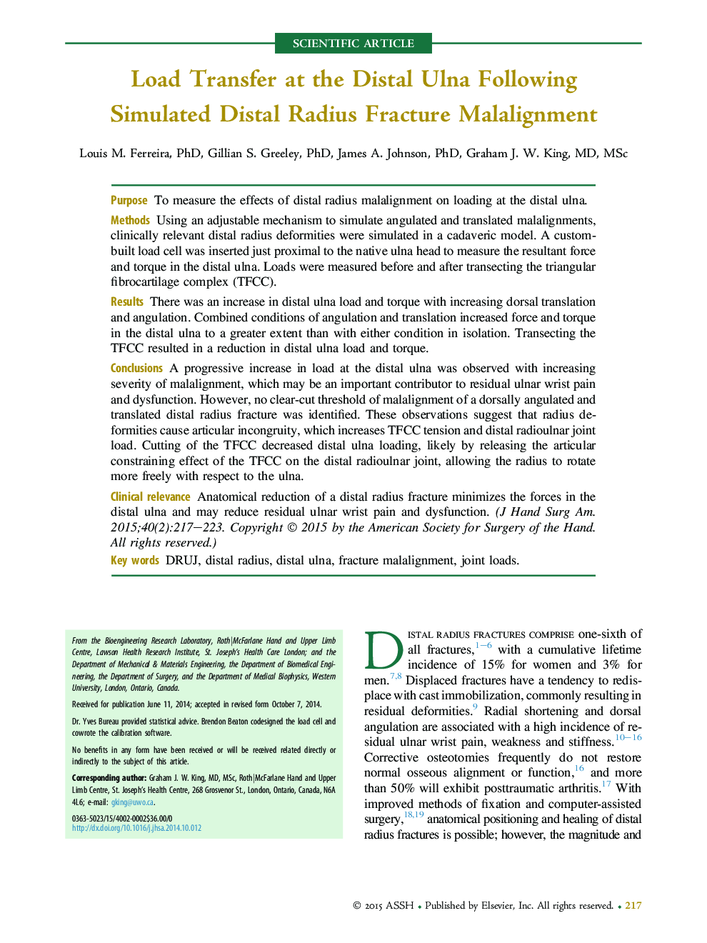 Load Transfer at the Distal Ulna Following Simulated Distal Radius Fracture Malalignment 