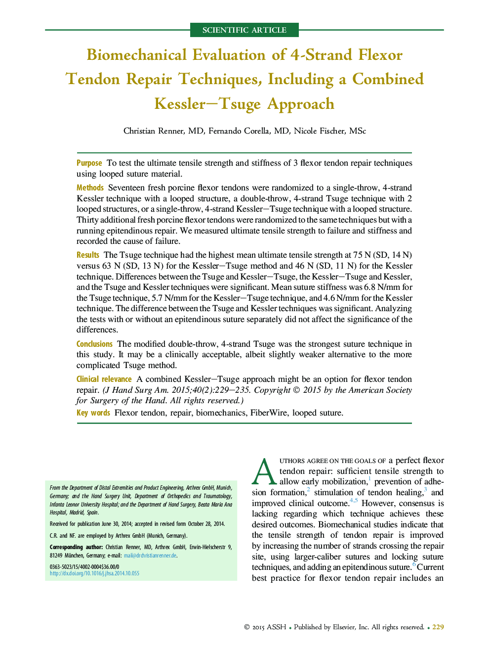 Biomechanical Evaluation of 4-Strand Flexor Tendon Repair Techniques, Including a Combined Kessler–Tsuge Approach 