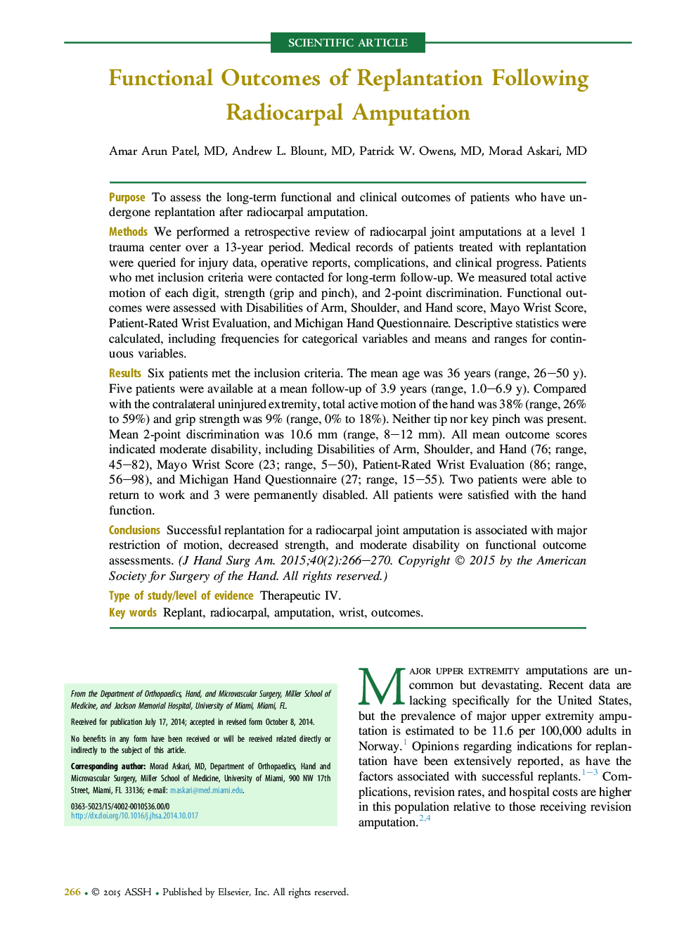 Functional Outcomes of Replantation Following Radiocarpal Amputation 