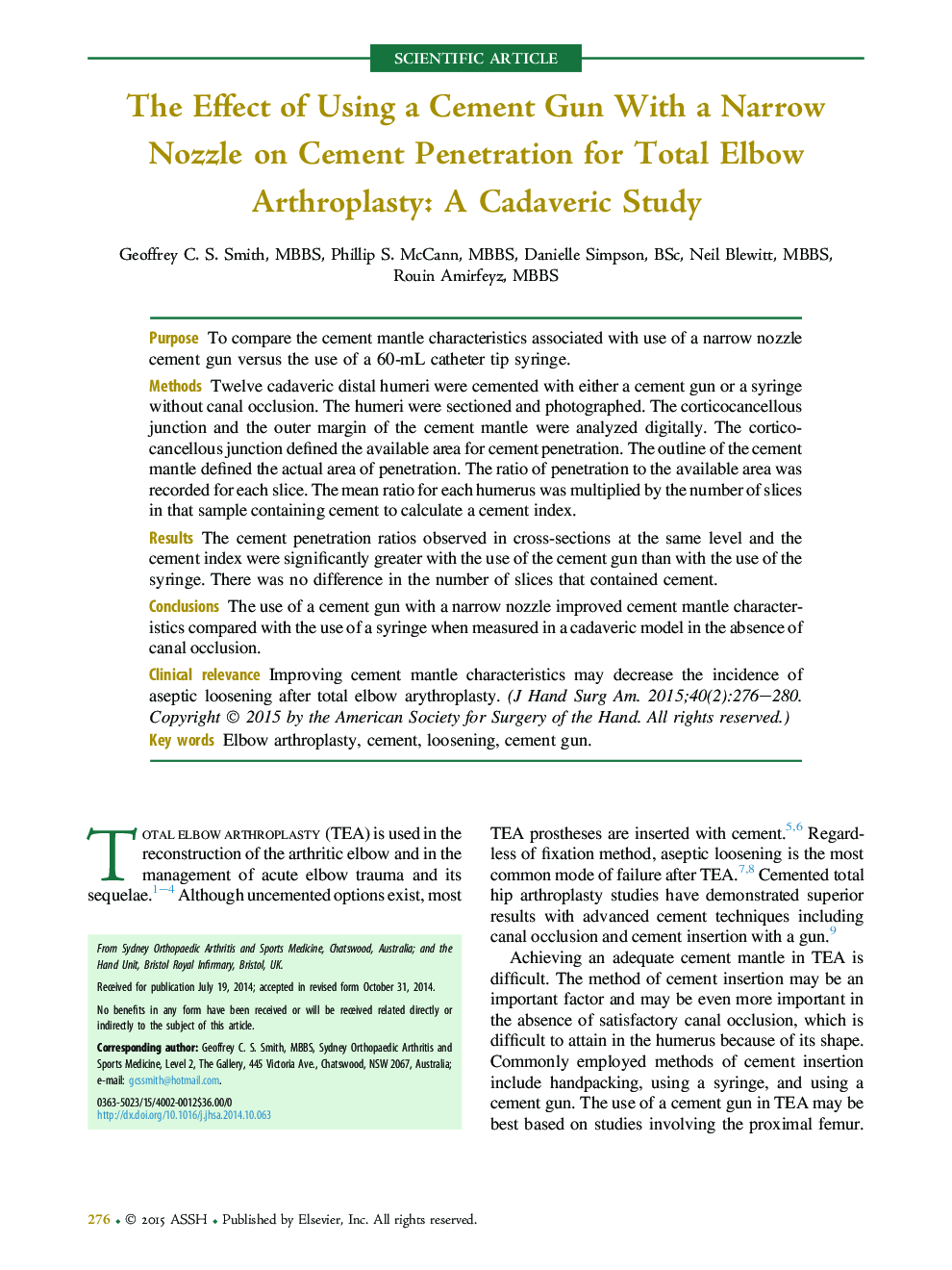 اثر استفاده از یک سلاح سیمان با یک نازل باریک بر نفوذ سیمان برای آرتروپلاستیک کامل آرنج: مطالعات کاداورریک 
