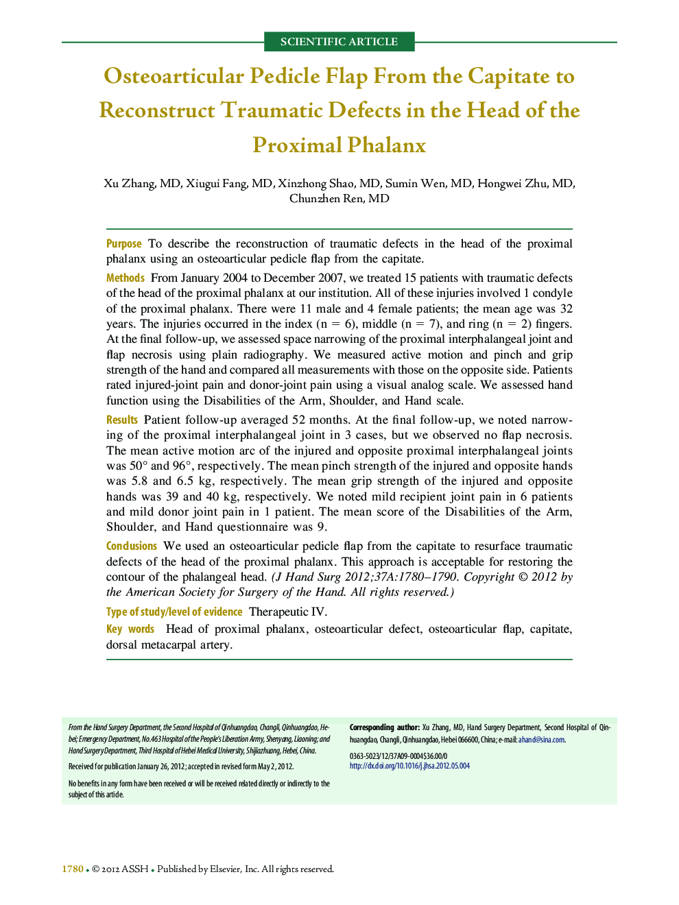 Osteoarticular Pedicle Flap From the Capitate to Reconstruct Traumatic Defects in the Head of the Proximal Phalanx 