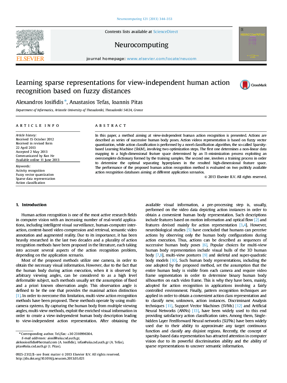 Learning sparse representations for view-independent human action recognition based on fuzzy distances