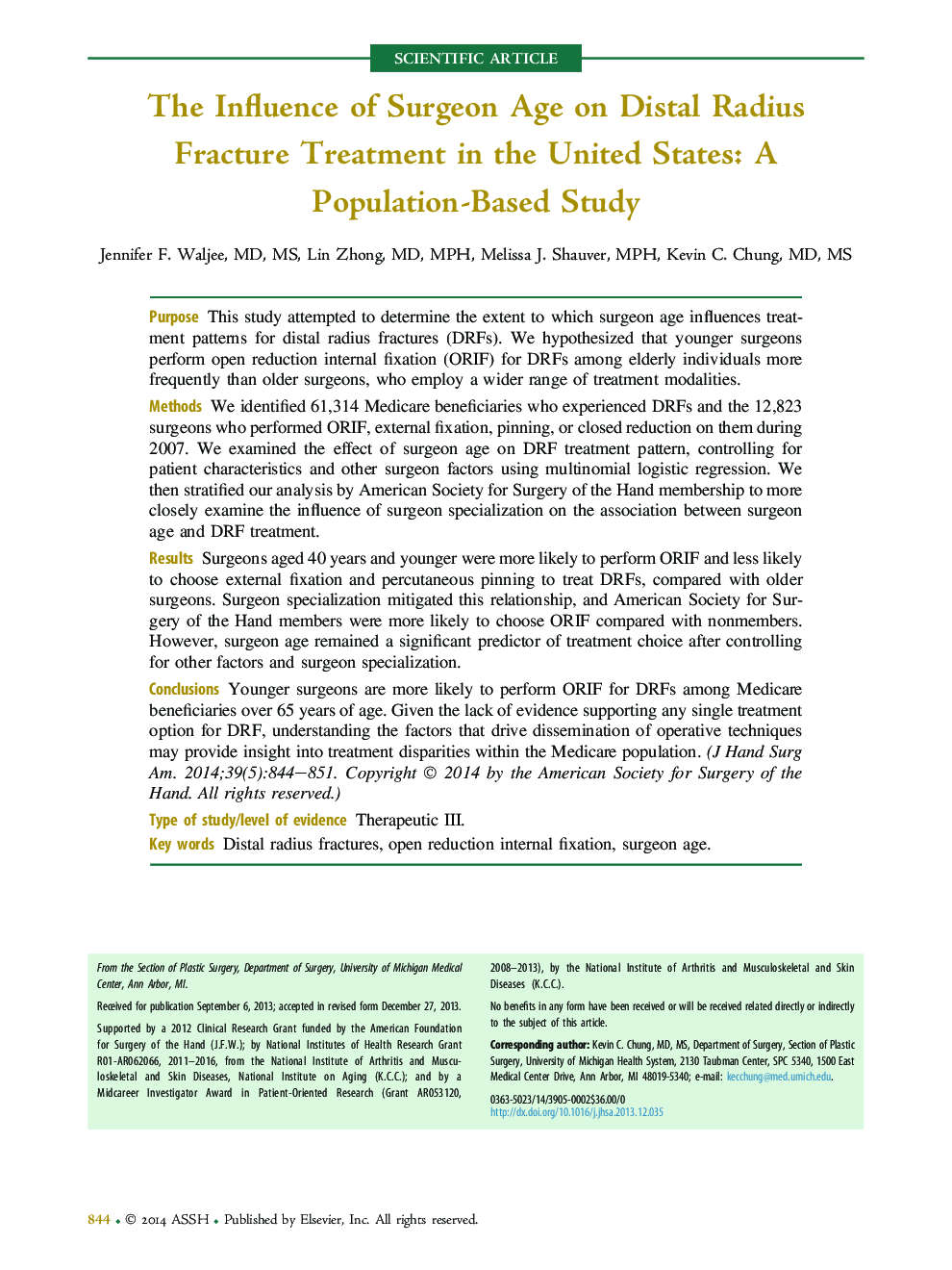 تأثیر سن جراح در درمان شکستگی شعاع دفاعی در ایالات متحده: مطالعه مبتنی بر جمعیت 