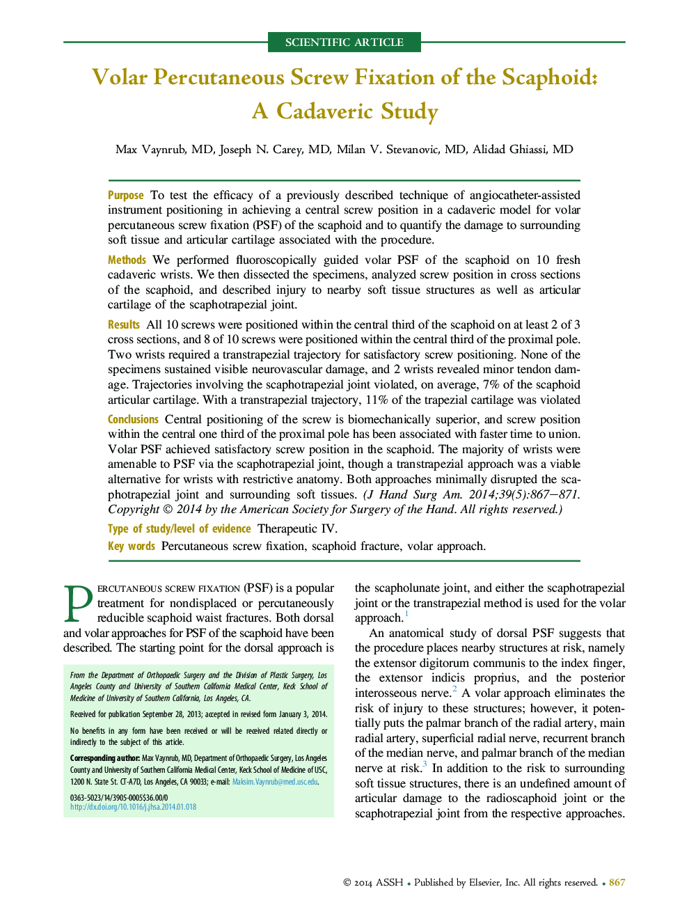 Volar Percutaneous Screw Fixation of the Scaphoid: A Cadaveric Study 