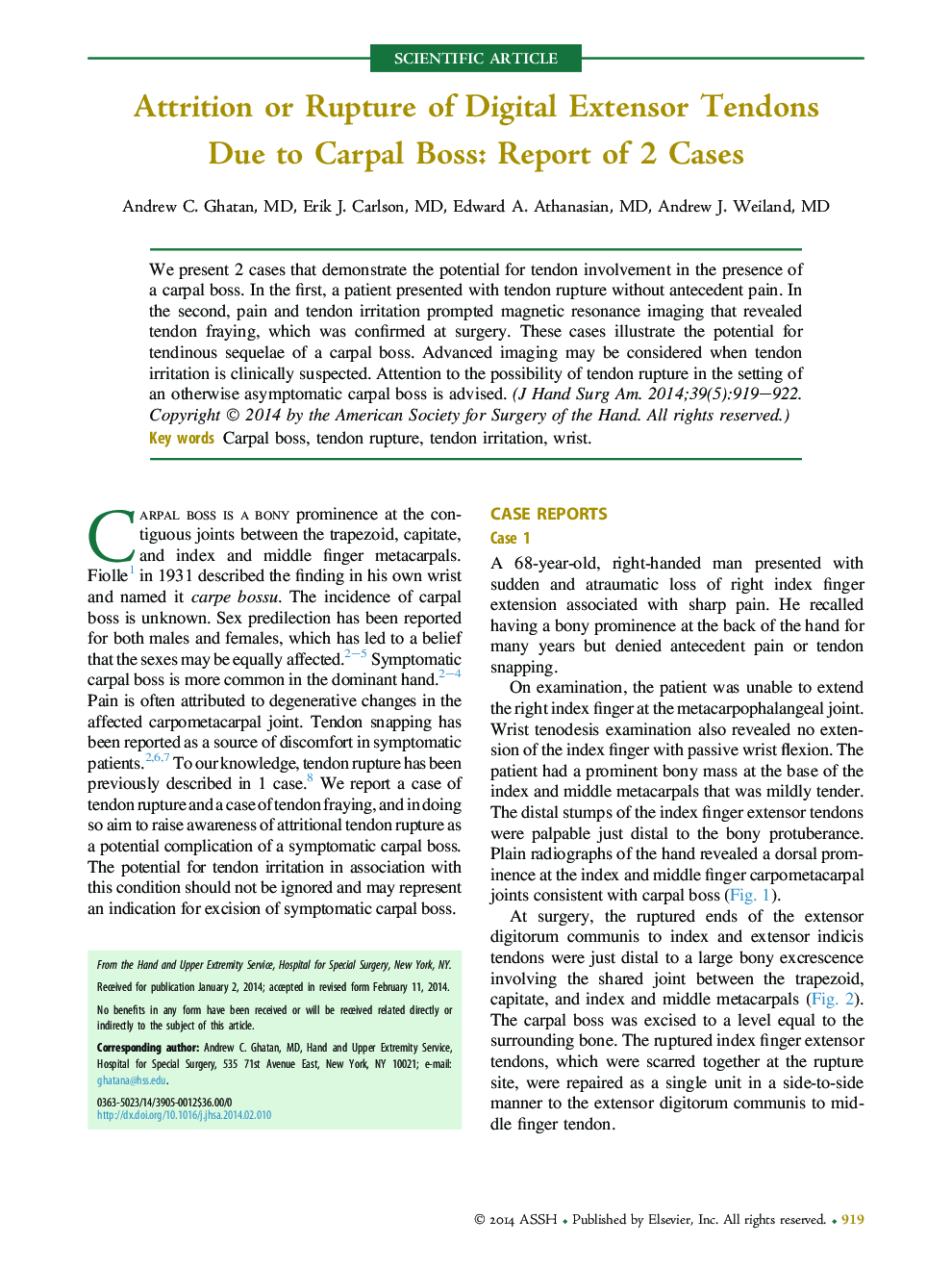 Attrition or Rupture of Digital Extensor Tendons Due to Carpal Boss: Report of 2 Cases 