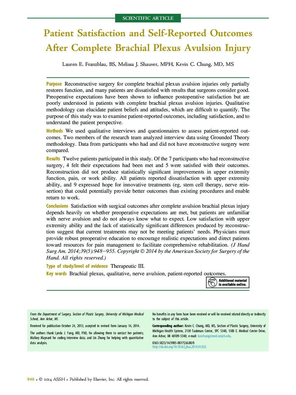 Patient Satisfaction and Self-Reported Outcomes After Complete Brachial Plexus Avulsion Injury