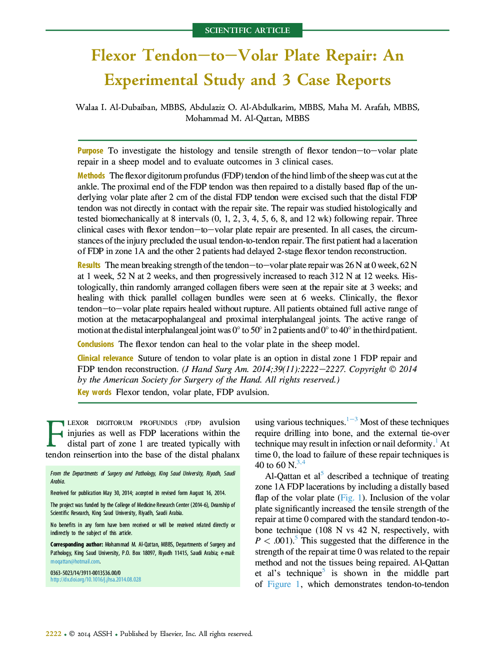 Flexor Tendon–to–Volar Plate Repair: An Experimental Study and 3 Case Reports 