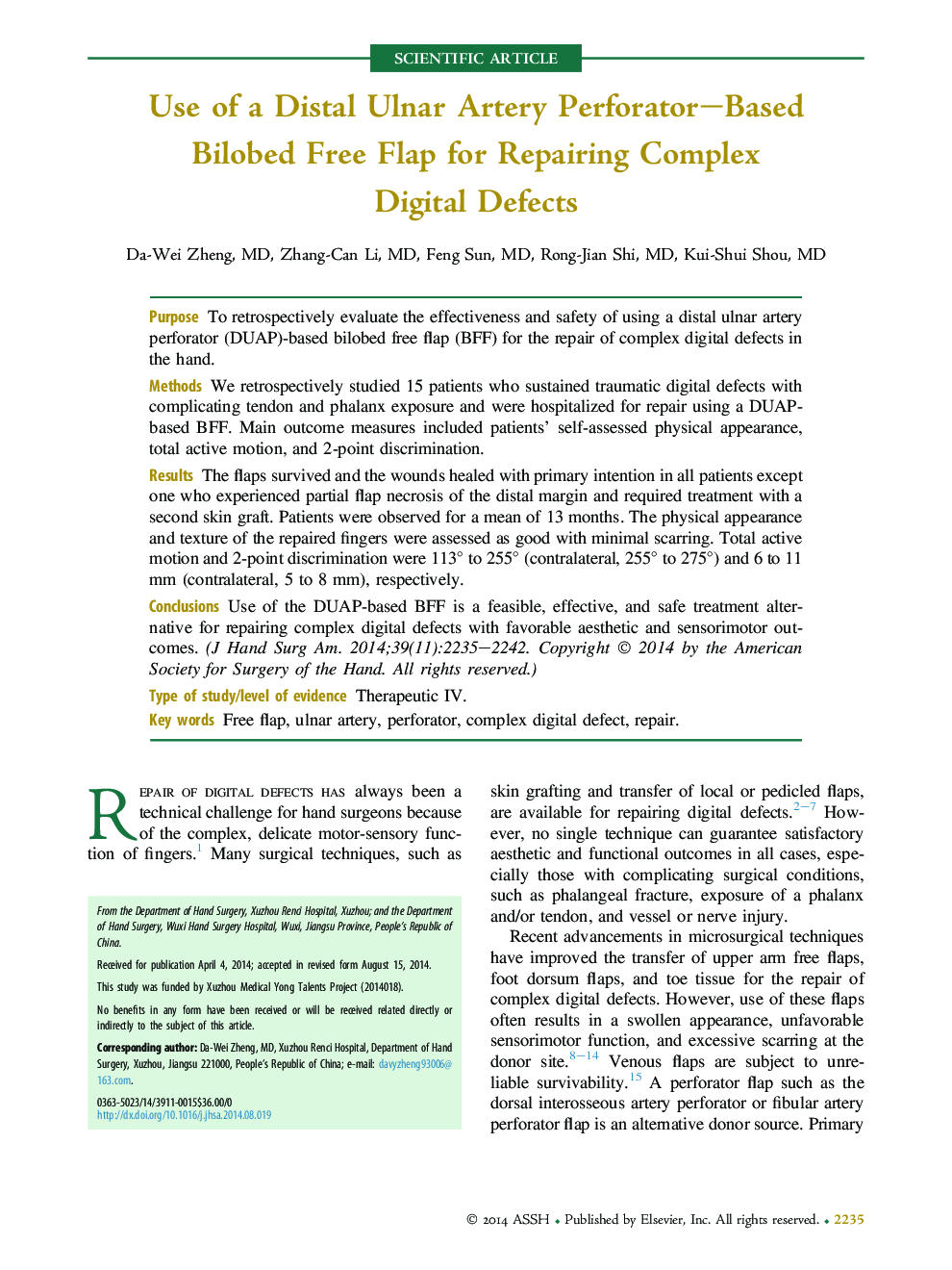 Use of a Distal Ulnar Artery Perforator–Based Bilobed Free Flap for Repairing Complex Digital Defects 