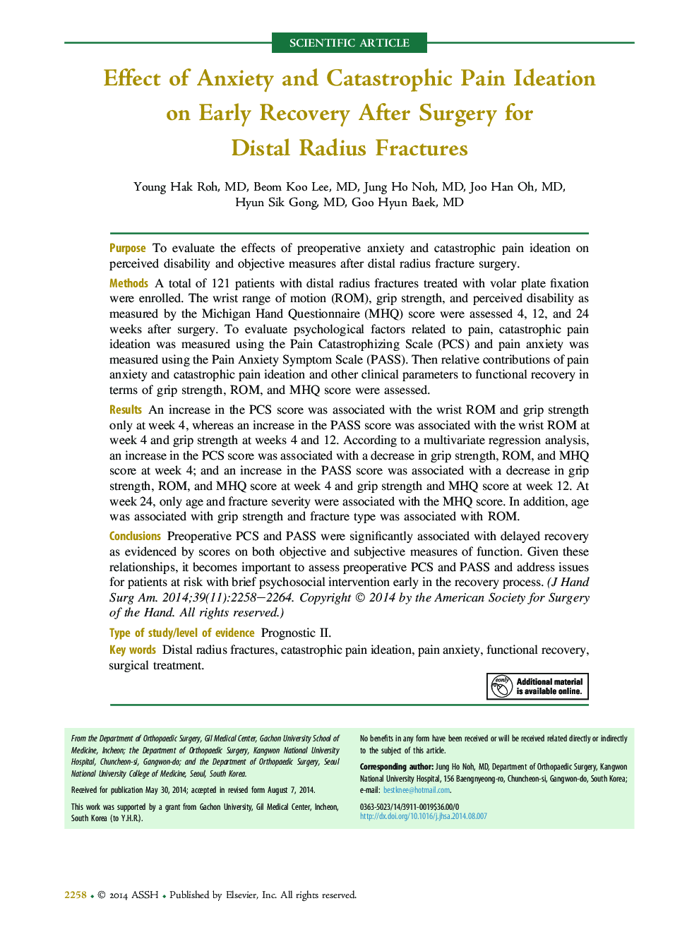 Effect of Anxiety and Catastrophic Pain Ideation onÂ Early Recovery After Surgery for DistalÂ RadiusÂ Fractures