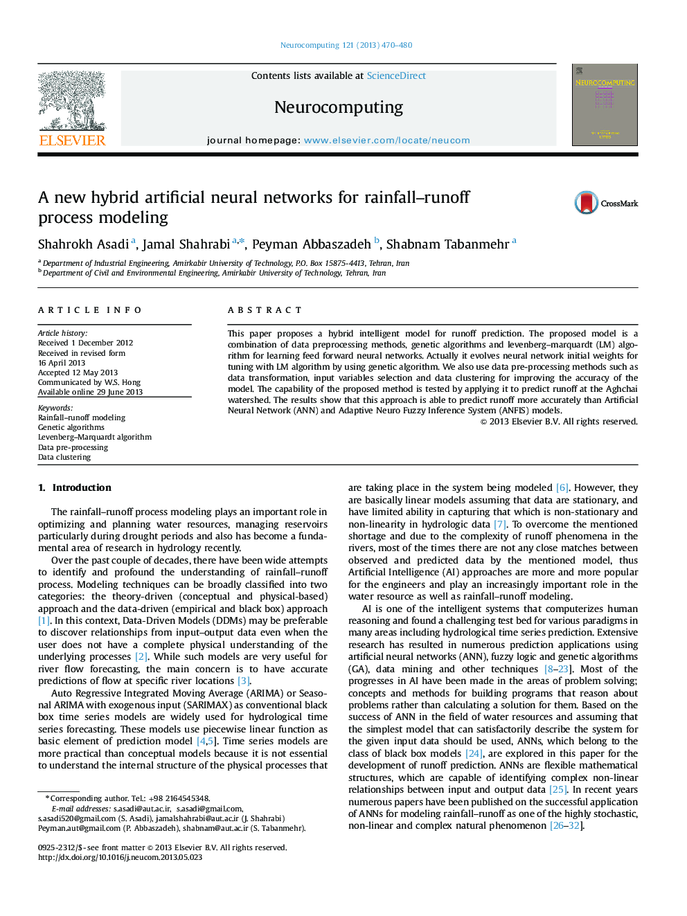 A new hybrid artificial neural networks for rainfall–runoff process modeling